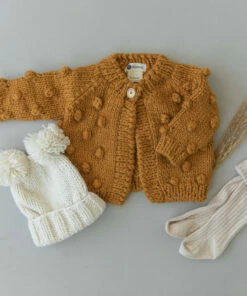 The Blueberry Hill Popcorn Hand Knit Cardigan Kid's Sweater- Mustard