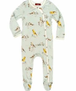 The Little Apple Milkbarn Bamboo Blue Bird Footed Romper